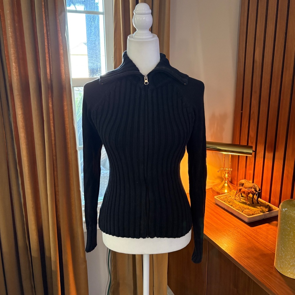 Arizona Jean Company Black Ribbed Full Zip Cotton Sweater Funnel Neck Medium